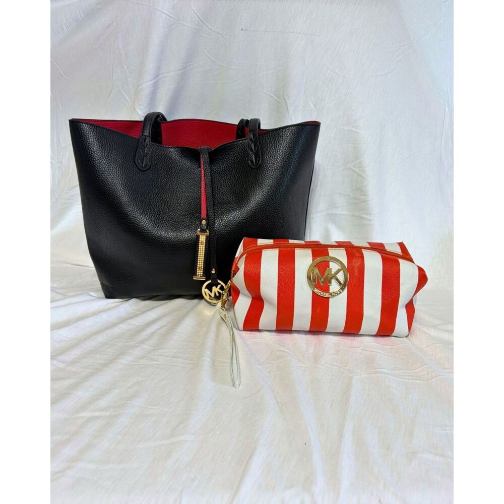 Michael Kors Reversible Tote & Striped Cosmetic Bag Set Leather - Black/Red